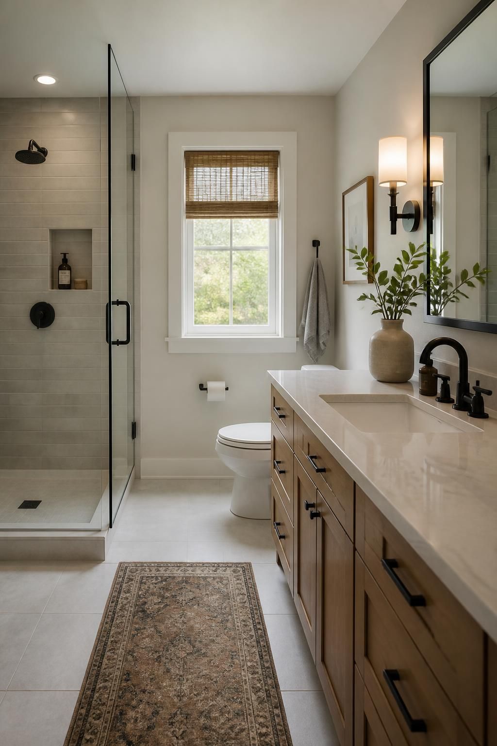 Modern bathroom with clean installed plumbing fixtures.