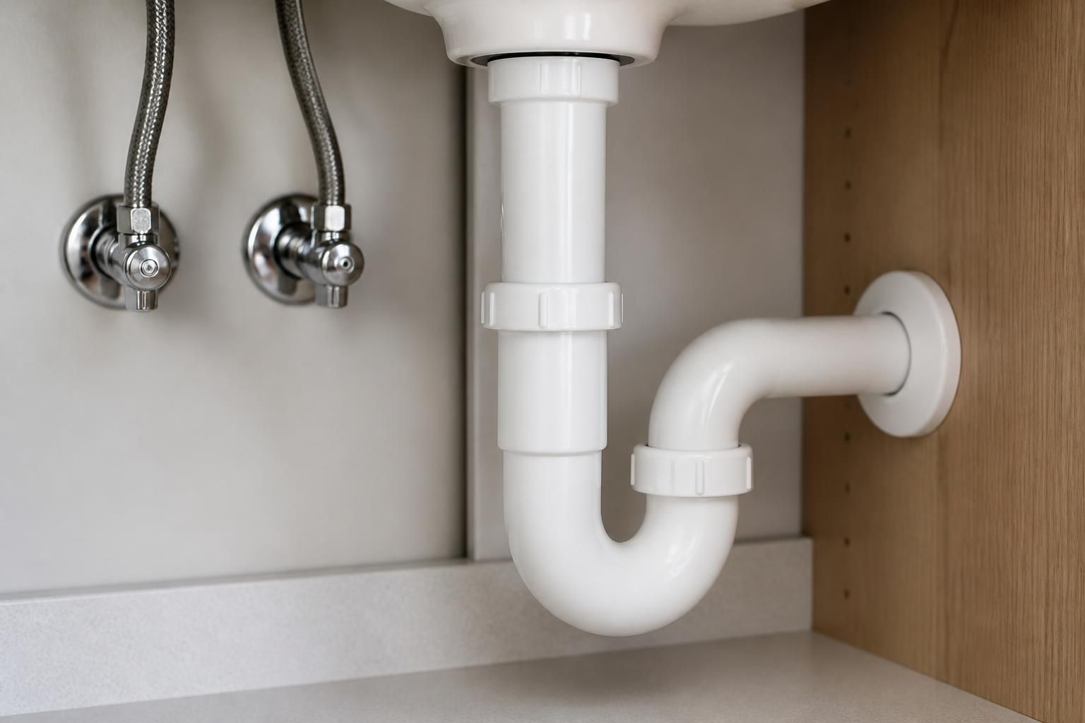 Clean repaired pipework in a tidy utility area.