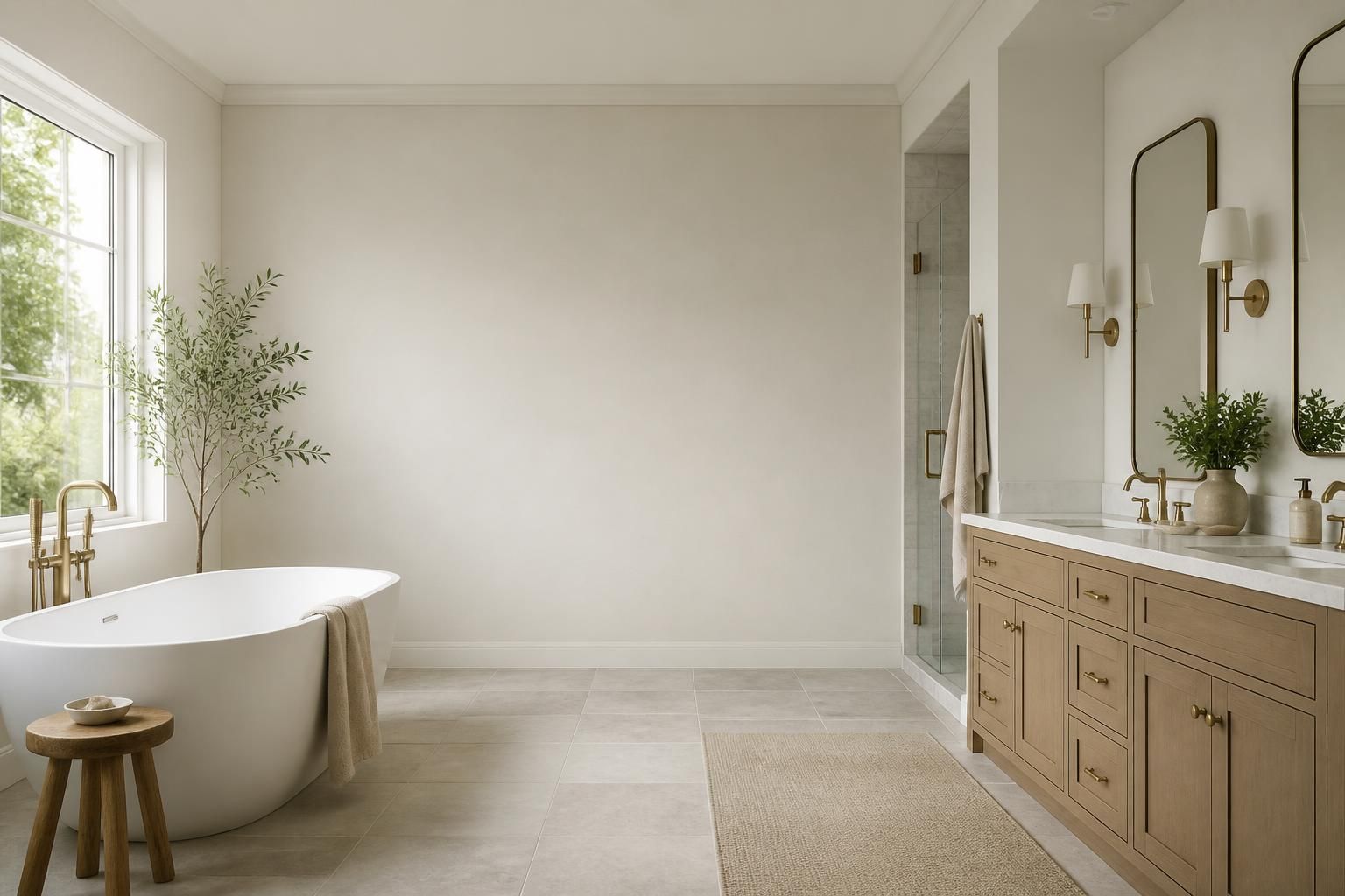 Clean finished bathroom with polished fixtures and open space.