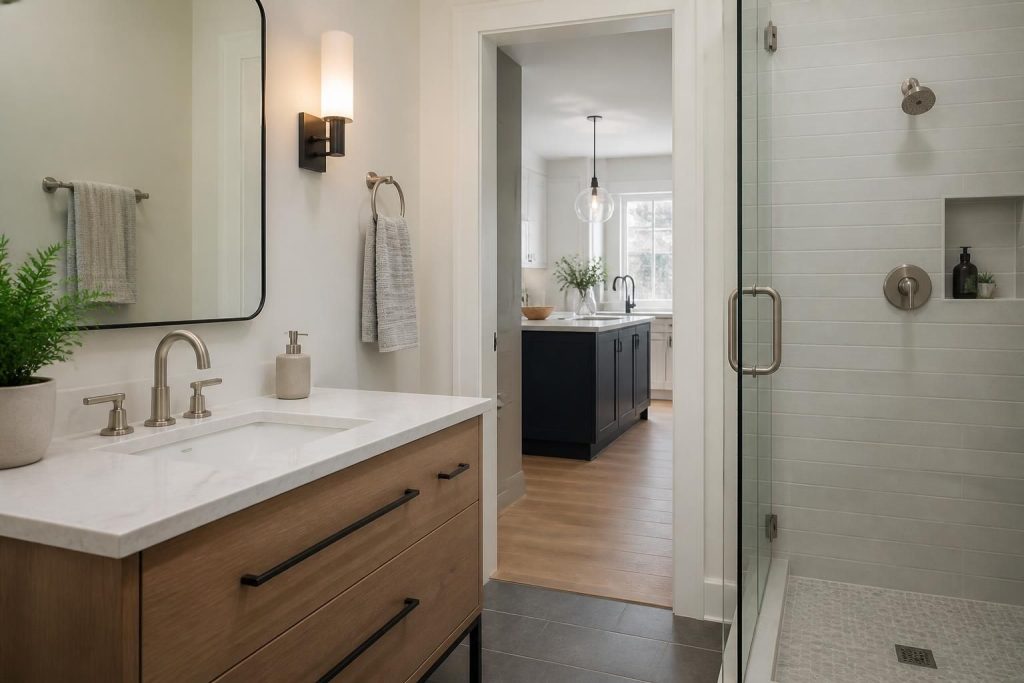 Modern bathroom and kitchen plumbing with clean polished fixtures.