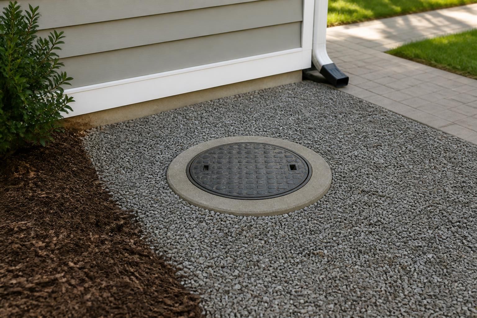 Clean repaired sewer line area with finished surroundings.