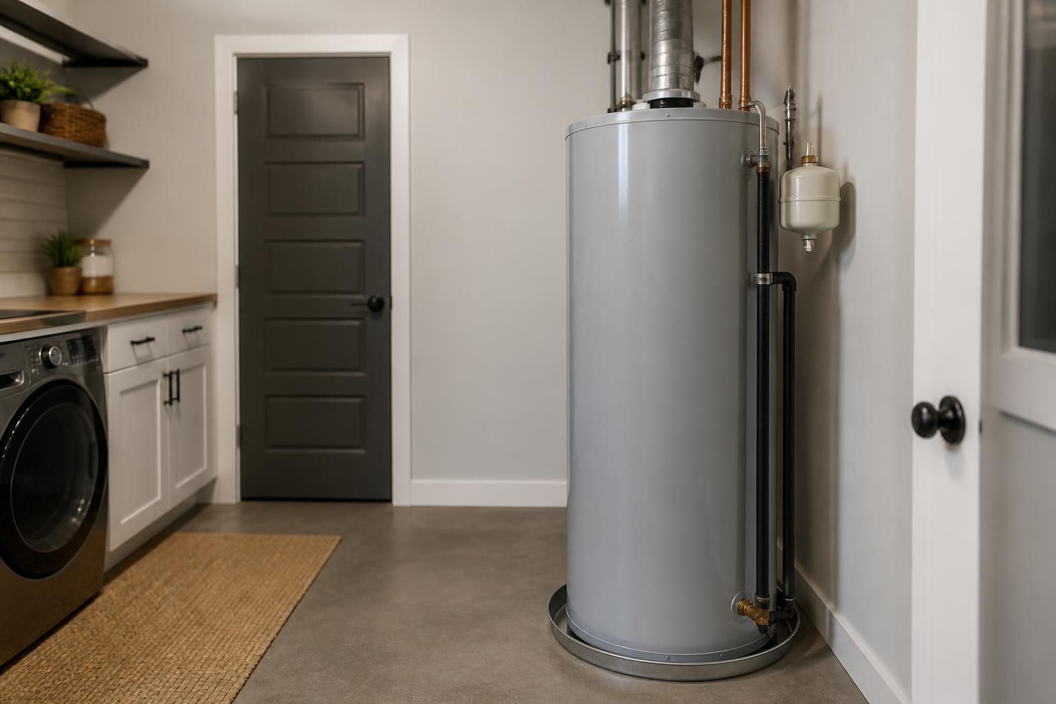 Clean installed water heater in a modern utility space.
